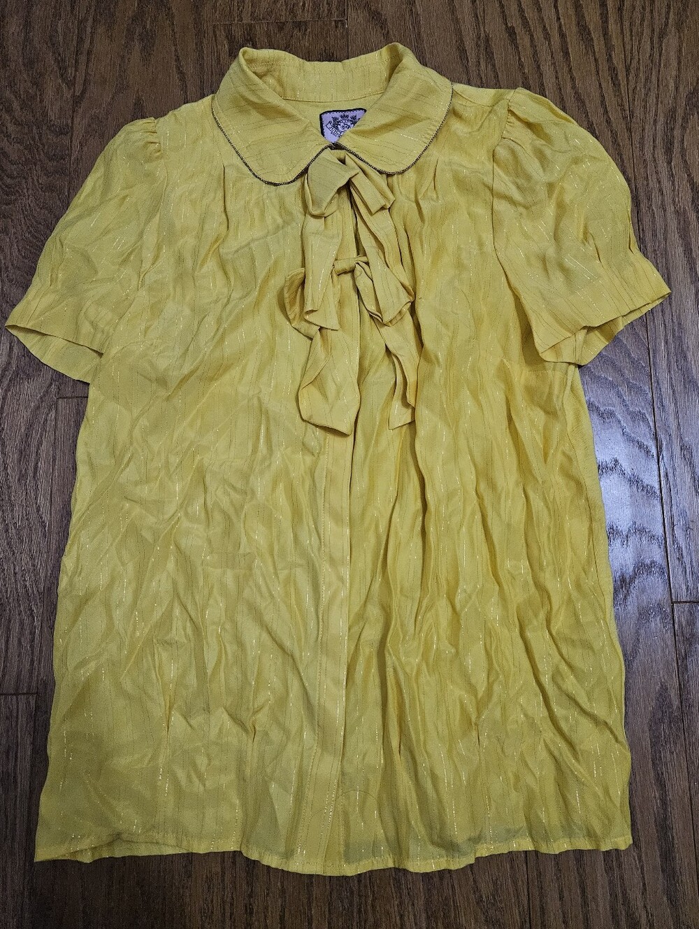 Vintage Juicy Couture Yellow Silk Metallic Bows Puff Sleeve Blouse size 8